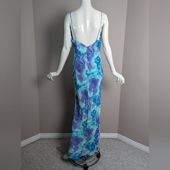 Vintage 90s Floral Maxi Dress Women’s Blue  Purple Beaded Bias Cut 10/12 - Picture 8 of 12